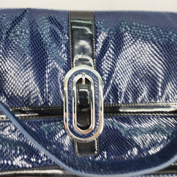 White House Black Market Blue Snakeskin pattern with Black Trim Shoulder Purse - Picture 2 of 15